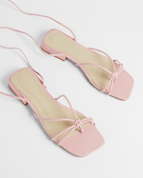 <P>Suede Square Toe Spaghetti Strap Flat Sandal</P>